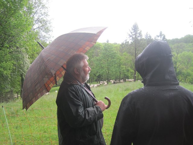 Männe rmit Regenschirm und Regenjacke